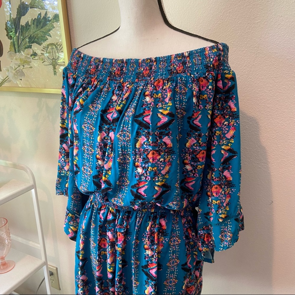 Bright Patterned Off Shoulder Bell Sleeve Romper